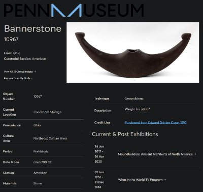 Penn Museum digital catalog interface displaying provenance data for the original artifact.