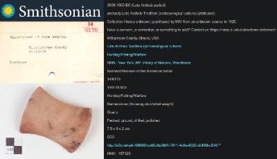 Archival catalog record from the National Museum of the American Indian detailing the original artifact.
