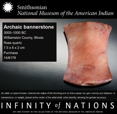 Museum exhibition graphic detailing the history and function of the Archaic rose quartz bannerstone.
