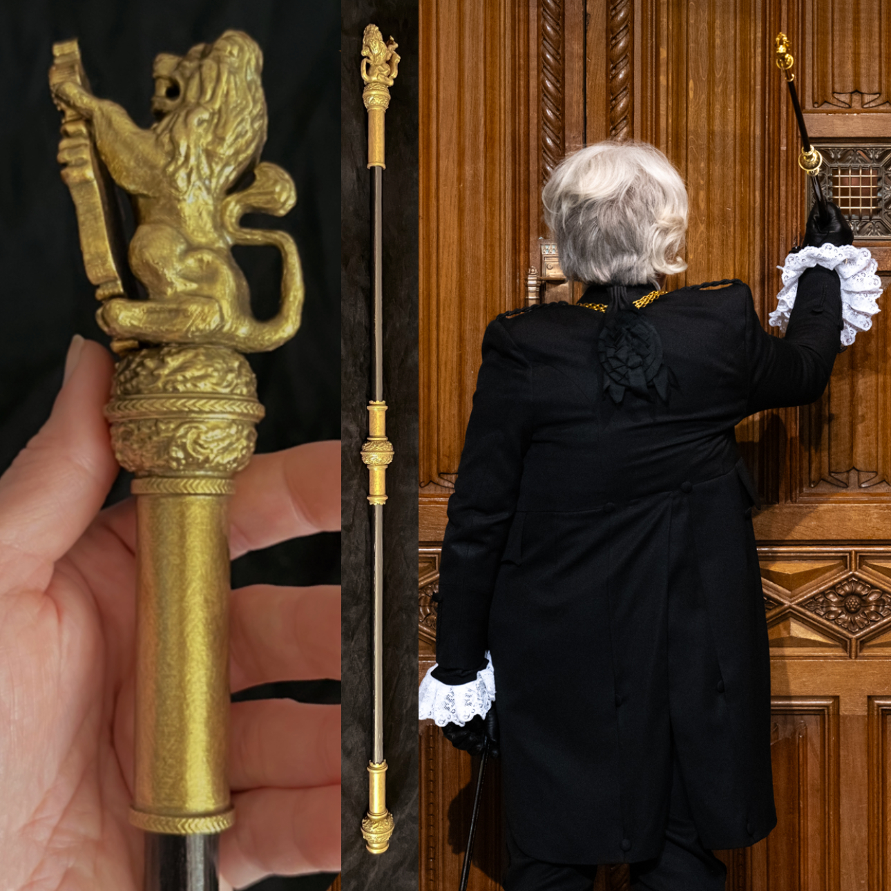 Replica Black Rod held next to an archival photo of the Gentleman Usher.