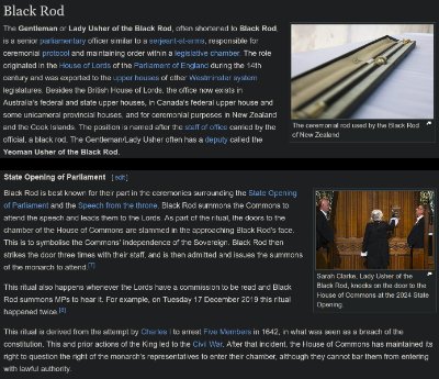 Informational text detailing the historical context of the Black Rod.