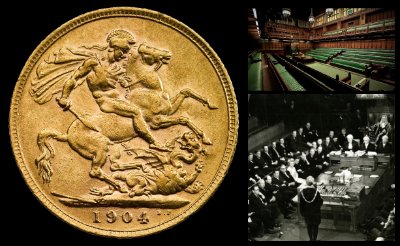 Reference image of a 1904 Sovereign coin alongside parliamentary photography.