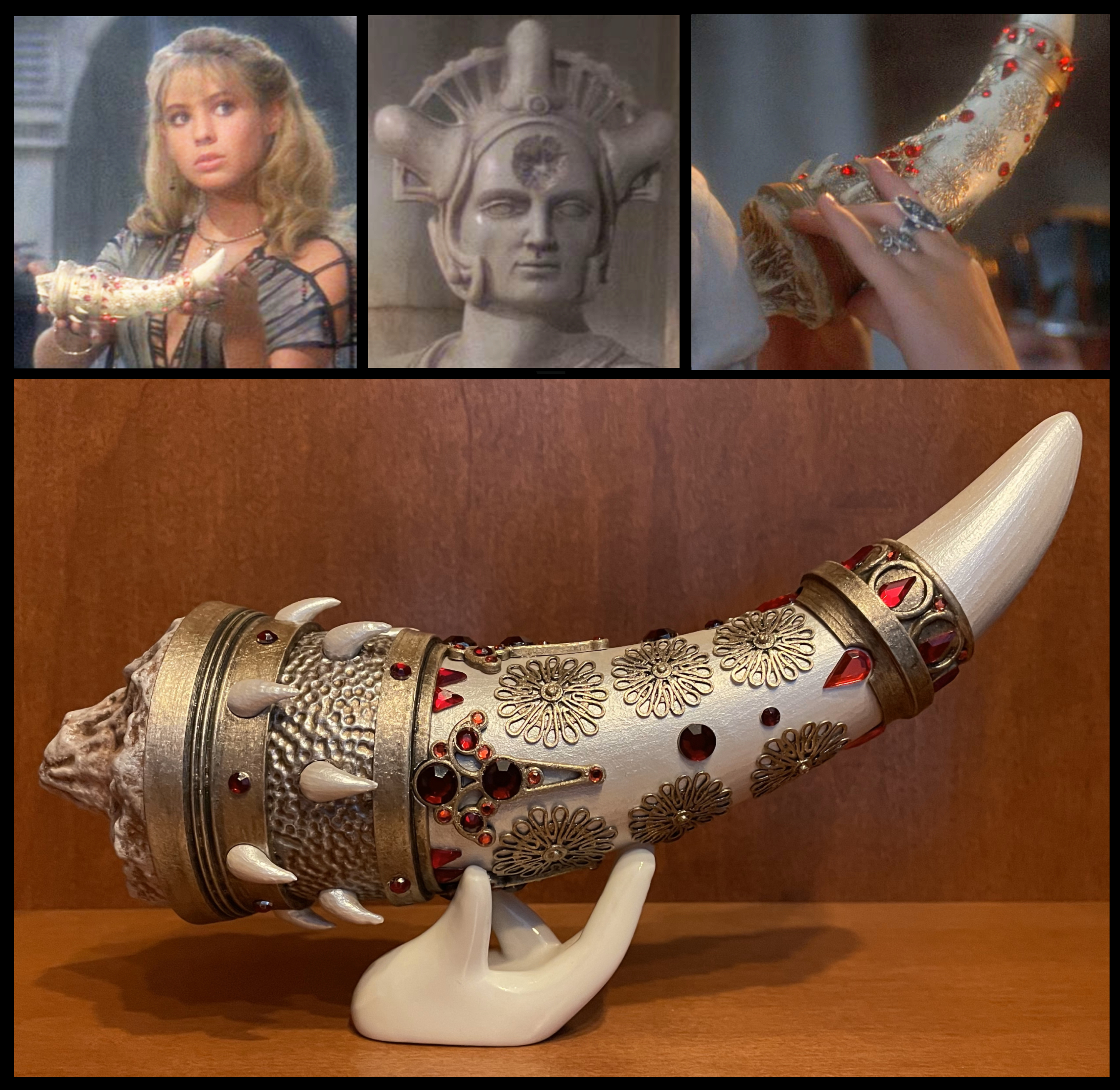 Replica of the Horn of Dagoth from Conan the Destroyer on a stand with reference images.