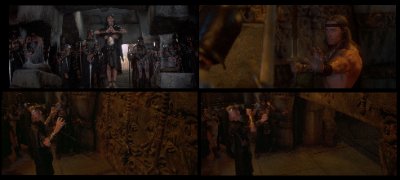 Archival screencaps from Conan the Destroyer showing the film's dark temple environments.