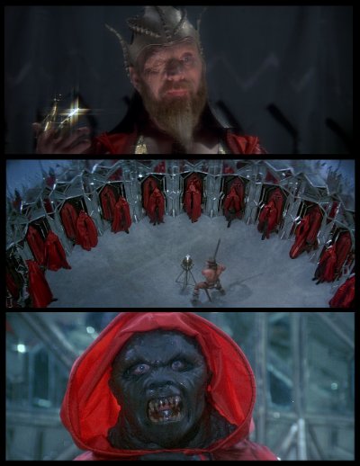 Archival screencaps from the 1984 film displaying key characters including the Dagoth monster.