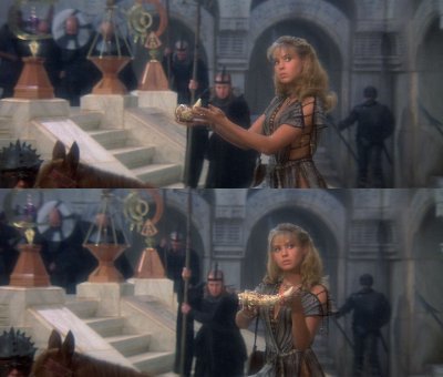 Film screencaps of Princess Jehnna holding the original Horn of Dagoth during the temple scene.