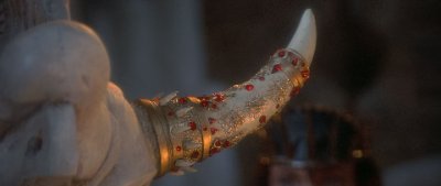 Detailed film screencap showcasing a close-up of the original screen-used Horn of Dagoth prop.