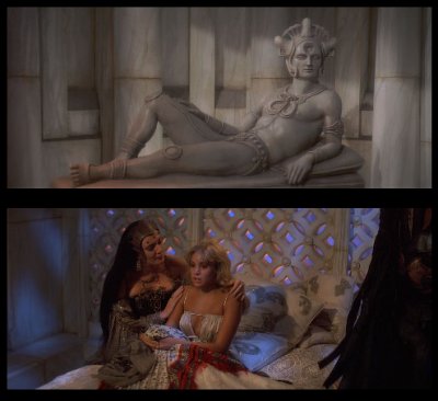 Archival film screencaps showing Princess Jehnna resting within her chamber in the film.