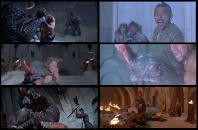 Montage of film screencaps illustrating Conan battling the Dagoth monster in the film climax.