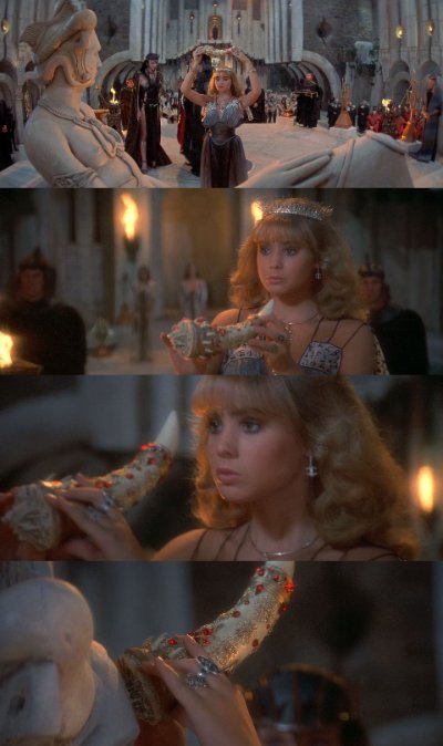 Archival film screencaps featuring Princess Jehnna handling the Horn of Dagoth in the temple.