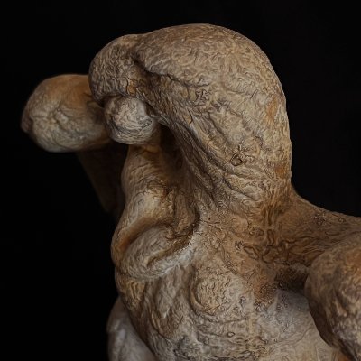 Macro detail of the sculpture's upper torso, focusing on the beak gripping the snake.