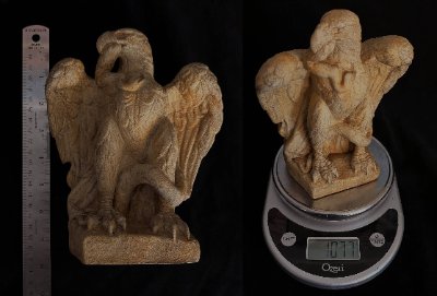 Two replica sculptures shown with measuring tools, a standard ruler, and a digital scale.