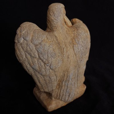 Rear elevated view looking down at the Roman eagle replica's head, back, and wings.