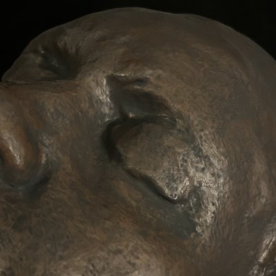 An extreme close-up highlights the surface texture and patina of the replica life mask.