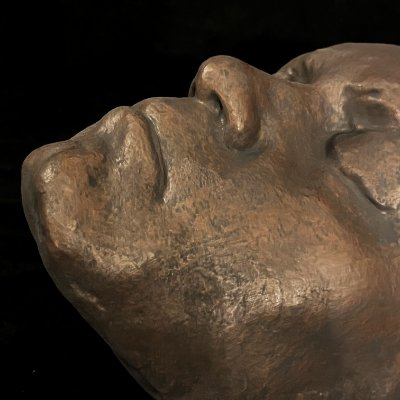 A close-up profile view captures the structural contours of the composer's face.