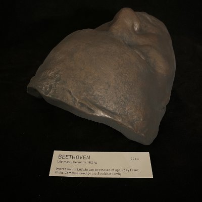 A low-angle view highlights the chin and neck base of the bronze-finished replica.