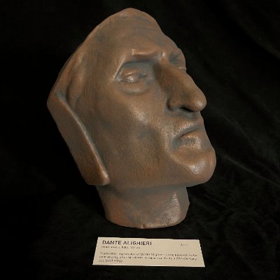 Three-quarter left profile of the Dante replica positioned above its display tag.