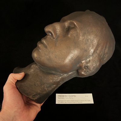 Left profile view of the Clésinger reproduction held by a hand.