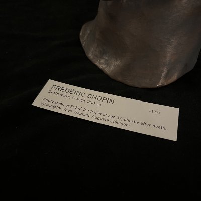 Close-up of the accompanying museum display tag for the 1849 death mask.