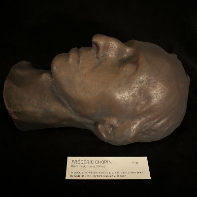 Right profile view of the life-size death mask replica resting on its back.