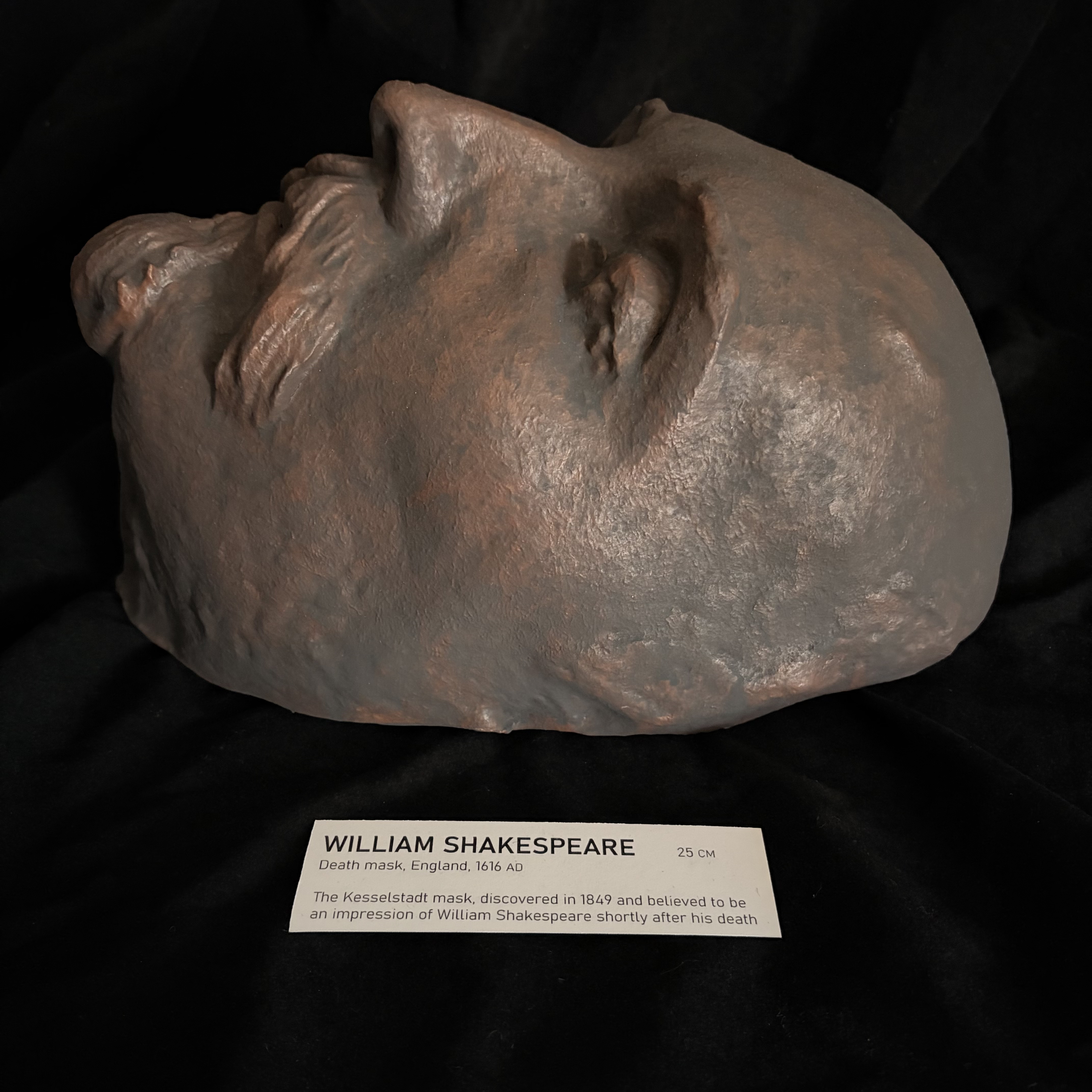 Right profile of the Shakespeare death mask replica on a dark background.