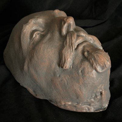 Low-angle view emphasizing the sculpted beard and chin of the mask replica.