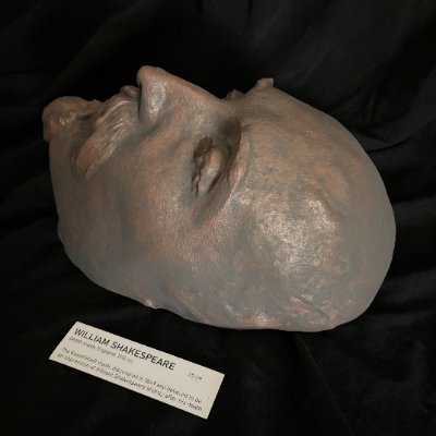 Detailed right profile view of the 1616 Shakespeare death mask replica.