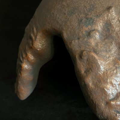 Macro detail of the ear and hair texture along the right edge of the historical replica.