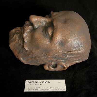 Low angle right profile emphasizing the beard and facial contours of the composer's mask.