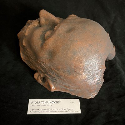 High angle top-down view showing the cranial structure of the Tchaikovsky death mask.
