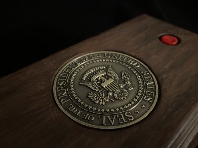 Close-up angled view of the call box top surface highlighting the bronze seal and red button.