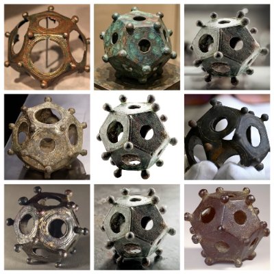 A nine-panel reference collage displays various original Roman dodecahedra for comparative analysis.