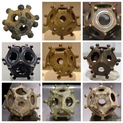 Nine distinct archaeological finds of Roman dodecahedra are presented in a comparative grid format.