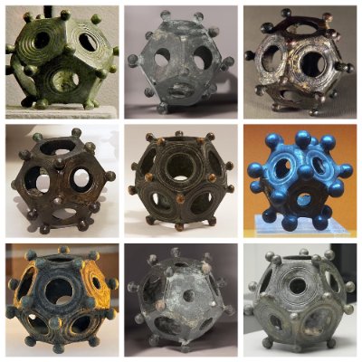 A reference mosaic illustrates the diverse patinas and hole sizes of original Roman dodecahedra.