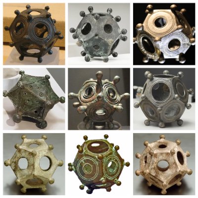 Nine historical examples of the Roman dodecahedron demonstrate the variations among excavated artifacts.