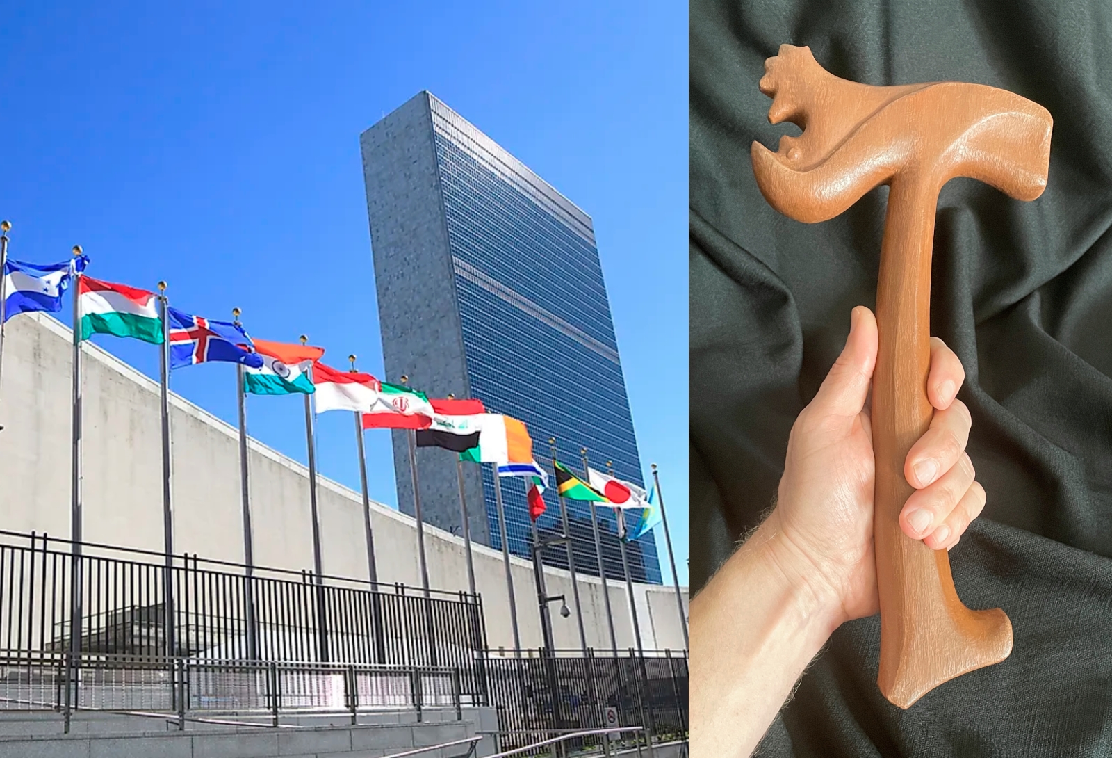 The UN building and a hand holding the replica wood gavel.