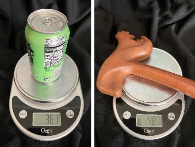 Split frame comparing the weight of a standard aluminum beverage can with the wooden gavel.