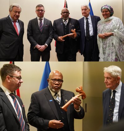 Archival collage depicting UN officials holding and presenting the authentic Gavel of Thor.