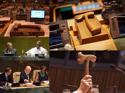 Collage of photographs showing the original wooden gavel resting on the UN General Assembly lectern.
