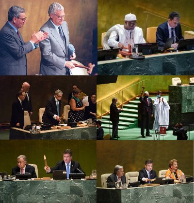 Photographic collage of historical UN General Assembly proceedings featuring the parliamentary gavel.