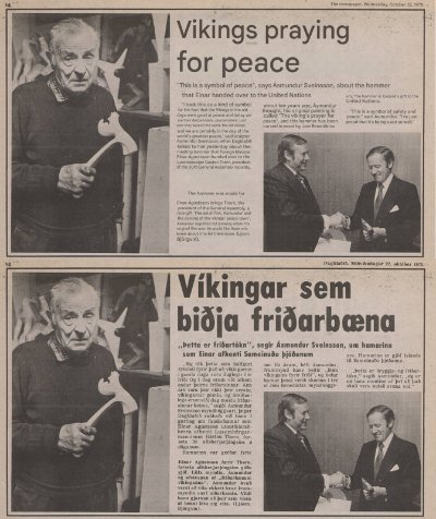 Vintage newspaper clippings featuring photographs of officials holding the original UN gavel.