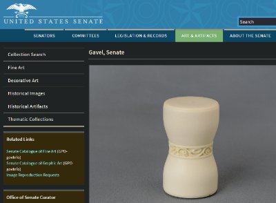 The U.S. Senate collection web interface, detailing the original gavel.