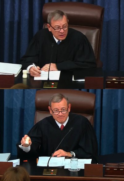 Chief Justice John Roberts using the original ivory gavel in the Senate chamber.