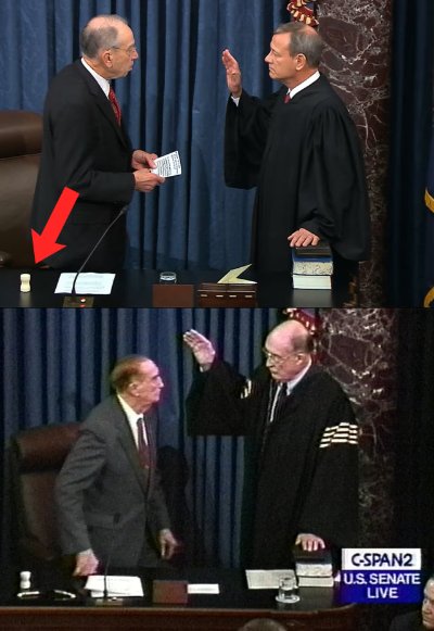 Two chief justices are sworn in prior to impeachment proceedings, with the U.S. Senate gavel shown.