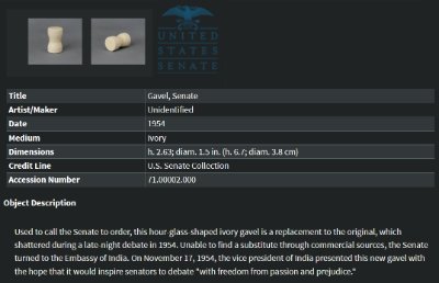 A screenshot shows the official United States Senate collection database detailing the original ivory gavel.