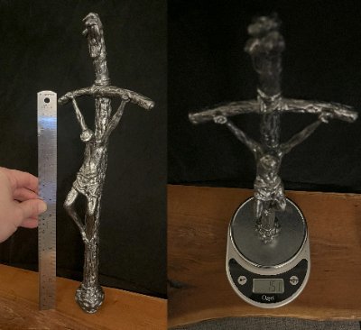 Split image documenting the replica measuring sixteen inches in length and its total weight.