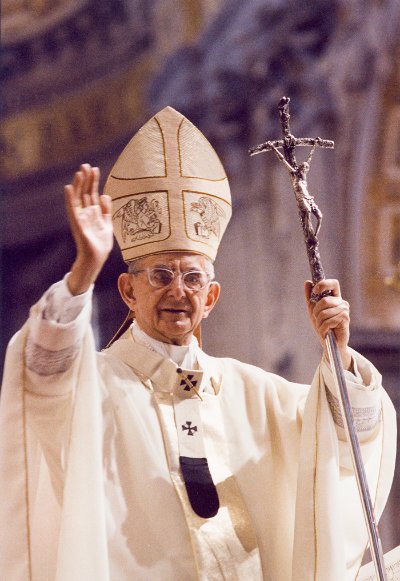 Pope John Paul I holds the iconic papal crucifix during a liturgical celebration.
