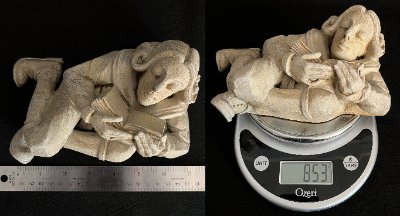 Measurement composite showing the sculpture with a ruler and on a scale at 853g.