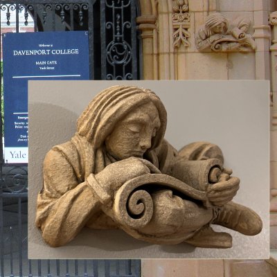 Yale Davenport College scroll scholar sculpture