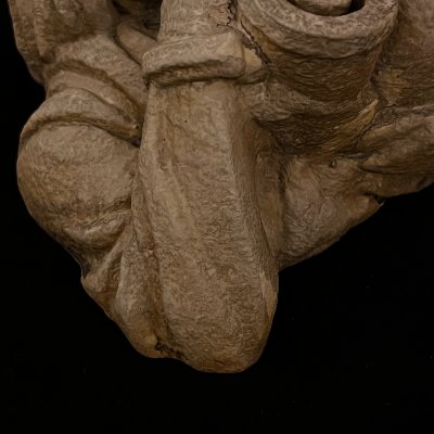 Close-up detail of the footwear and crossed legs of the Yale Davenport replica.